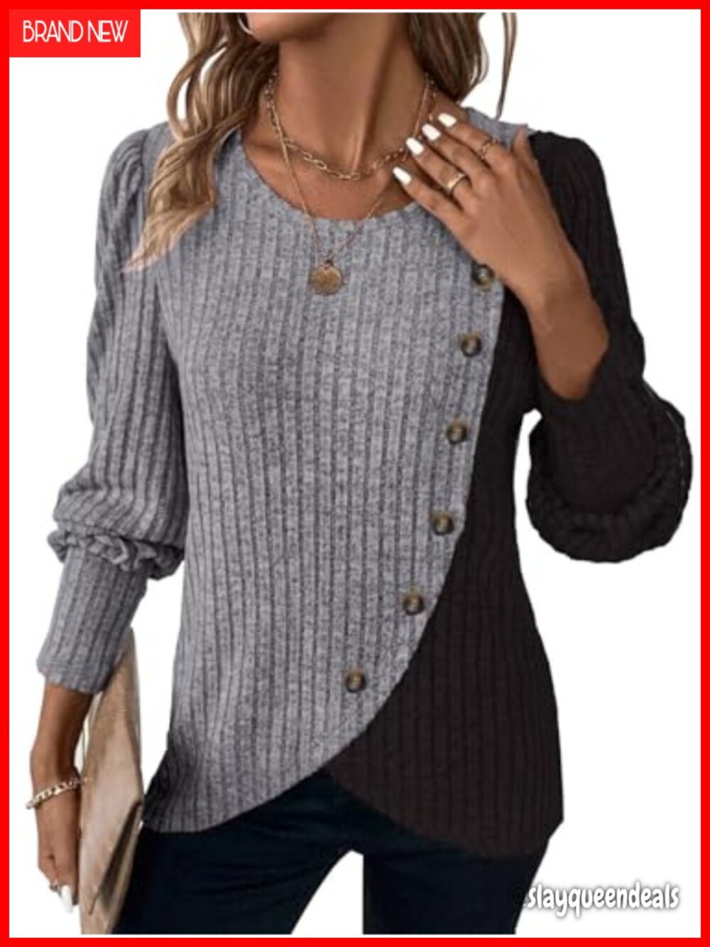 Womens Ribbed Knit Colorblock Long Sleeve Button Pullover Tunic Top